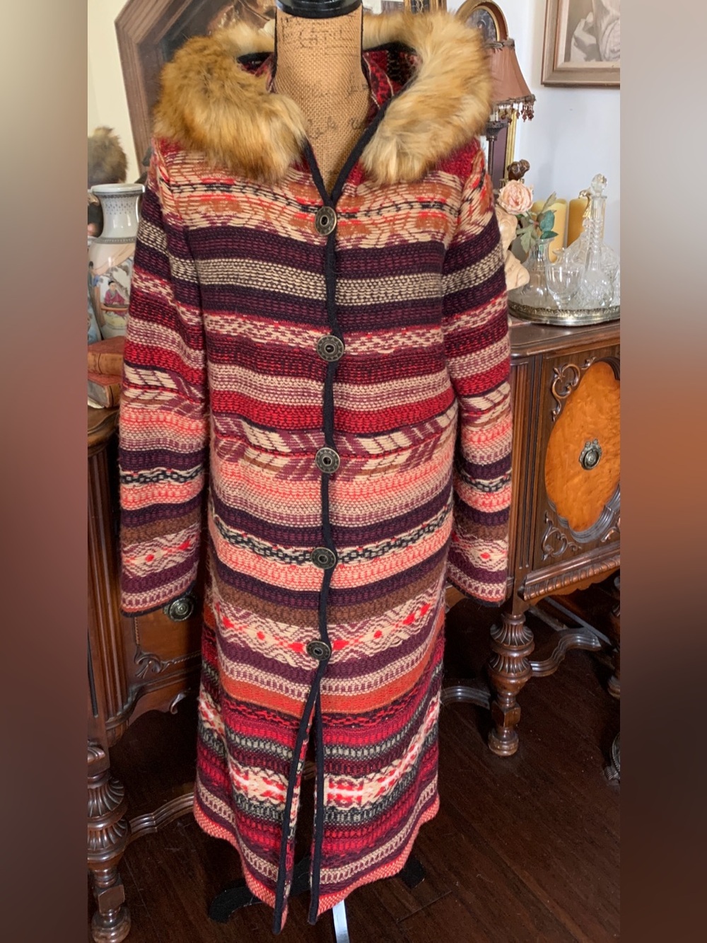 Vintage Boho Nepal-inspired Cardigan Sweater w Leather Belt & Faux Fur Hood - Picture 10 of 16